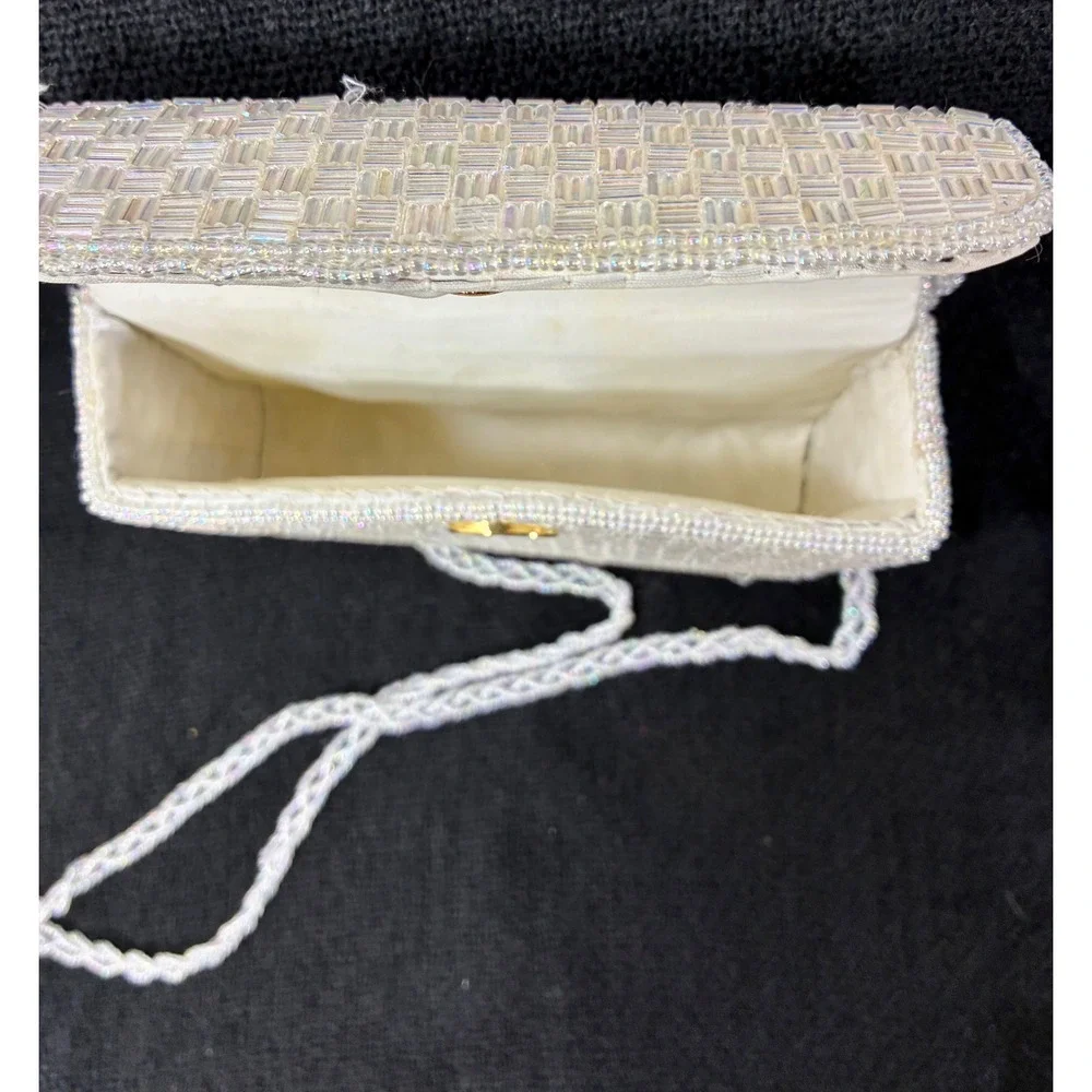 Vintage Iridescent White Beaded Evening Clutch Crossbody Bag Basketweave Pattern